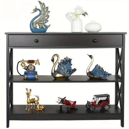Console Table with Drawer Storage Shelf Black Sofa Table Hallway Furniture
