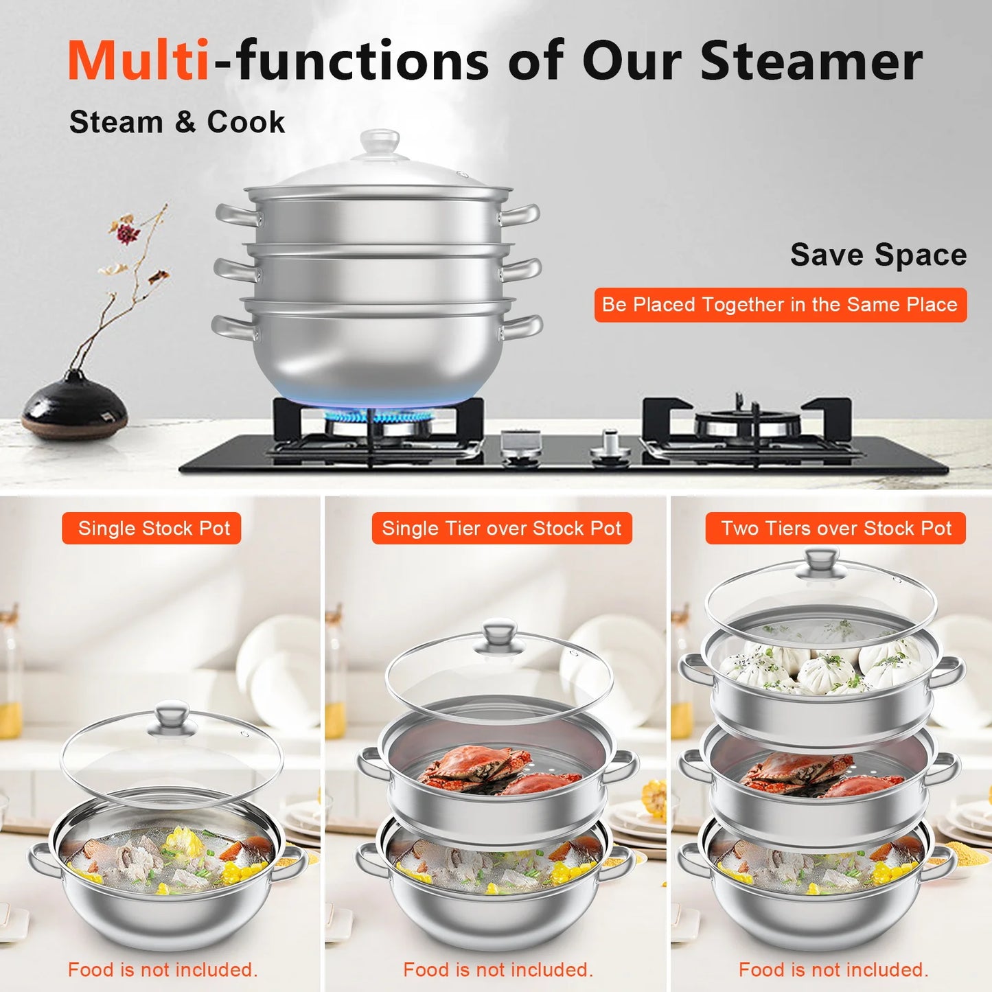 multi-function 3 Tier Large Stainless-Steel Steamer