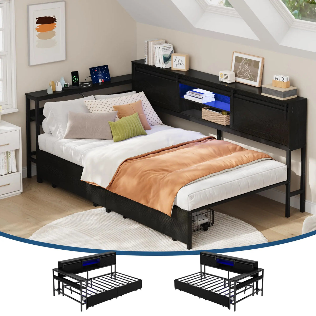 Twin Corner Bed Frame With Charging Station