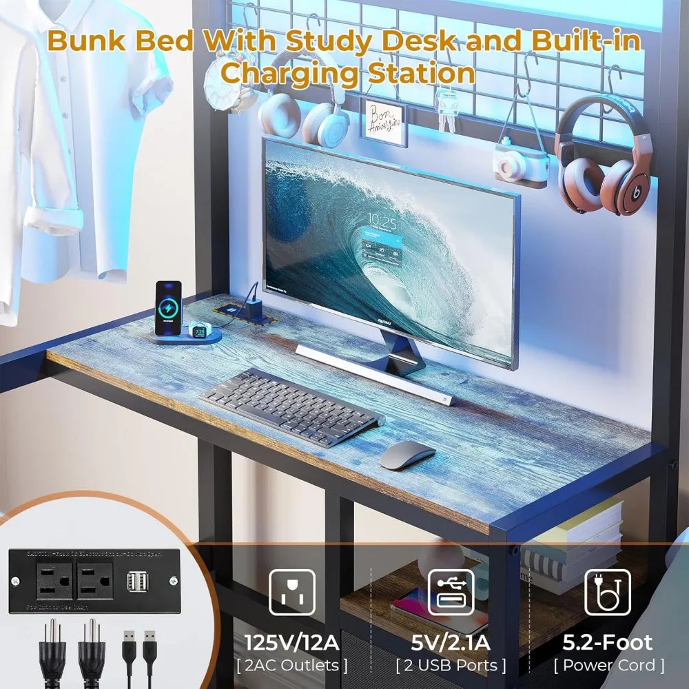 L-Shaped Metal Bunk Bed with Led Lights & Storage Shelves and Drawers