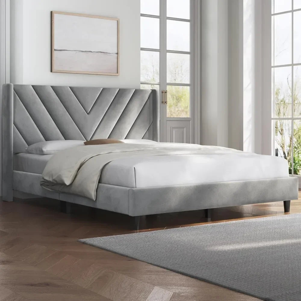 Bed Frame Upholstered Platform Bed with Tufted Headboard