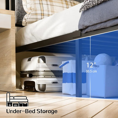 Metal Platform Bed Frame, Storage Headboard