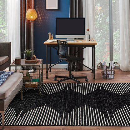 6'6" x 9' Black Stripe Stain Resistant High Traffic Area Rug