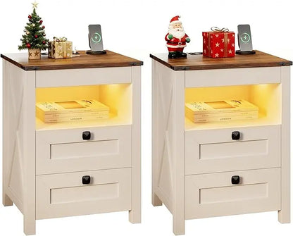Bedside Tables with Charging Station LED Lighting