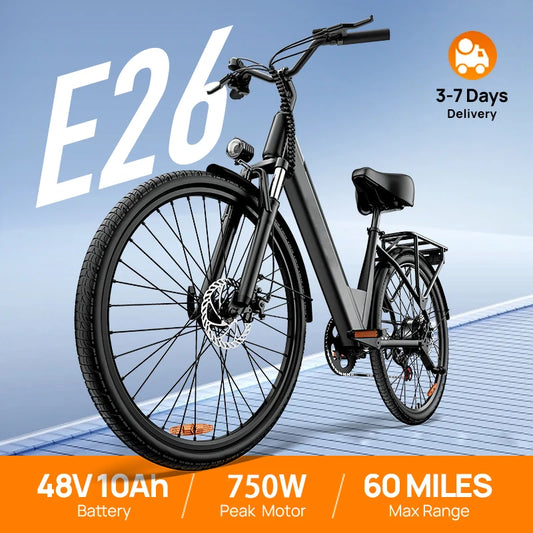 750W E-Bike Commuter 26x2" Tires 20MPH Speed