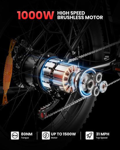 1000W Electric Bicycle 26" Fat Tire Dual Shock Absorbers.