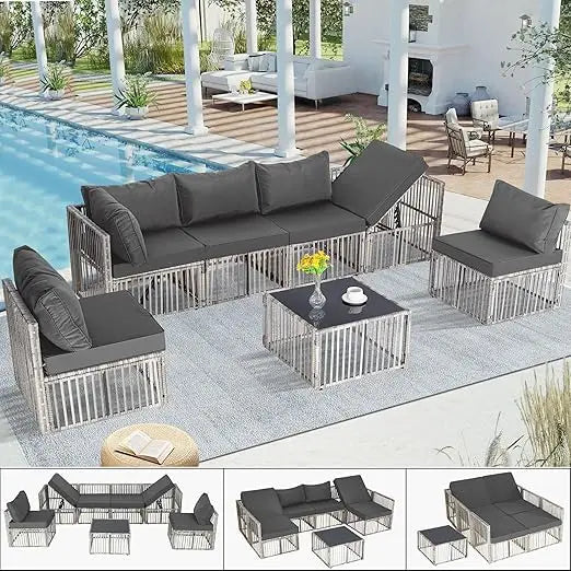 7 Pieces Outdoor Patio Furniture Set with Adjustable Backrest Sofa