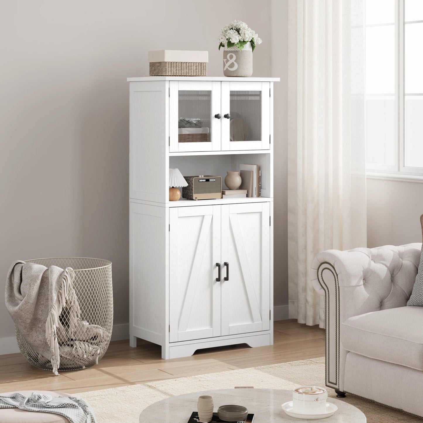 Freestanding Pantry Storage Cabinet with Glass Doors