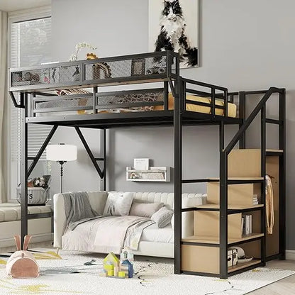 Full Size Loft Bed with Stairs and large Storage Under-Bed Space