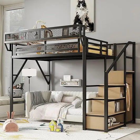 Full Size Loft Bed with Stairs and large Storage Under-Bed Space