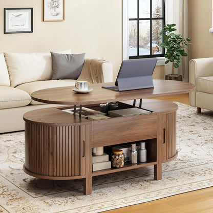 43.3" Oval Lift Top Coffee Table with Sliding Door