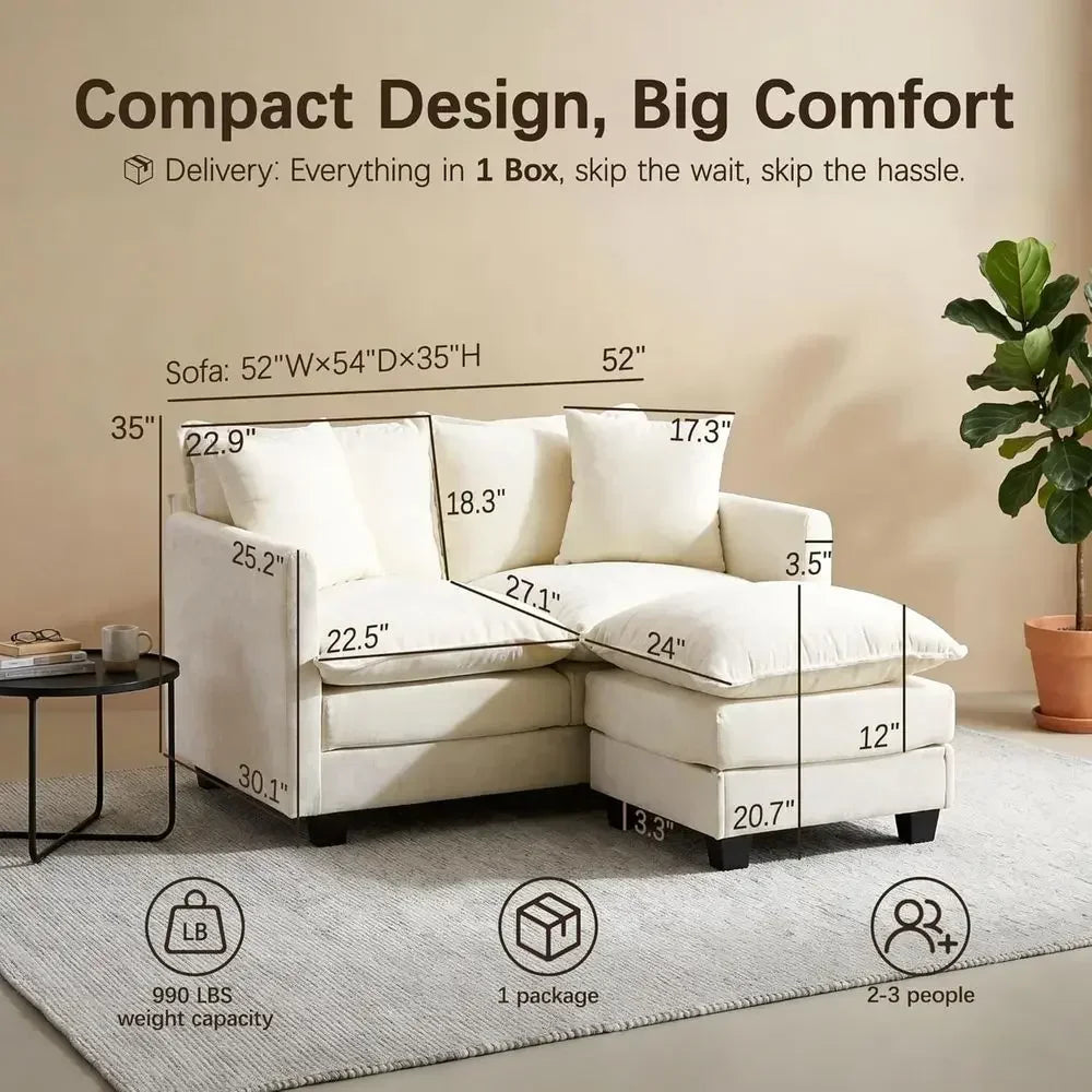 52" Loveseat L-Shaped Cloud Couch with Ottoman