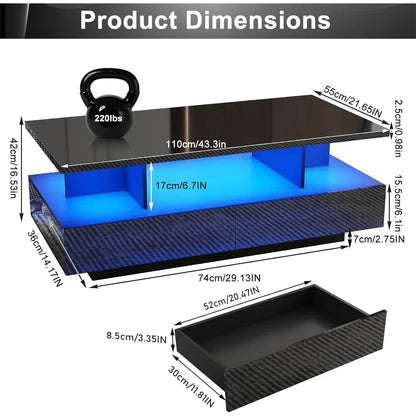 High Glossy Modern Black Coffee Table w/60,000-Color Lights,