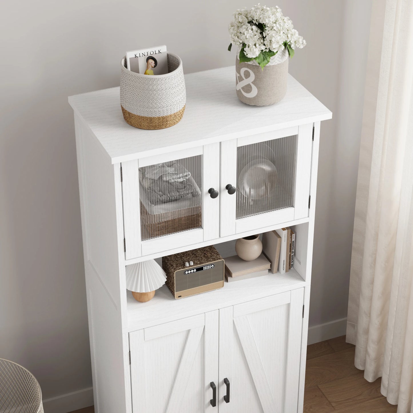 Freestanding Pantry Storage Cabinet with Glass Doors