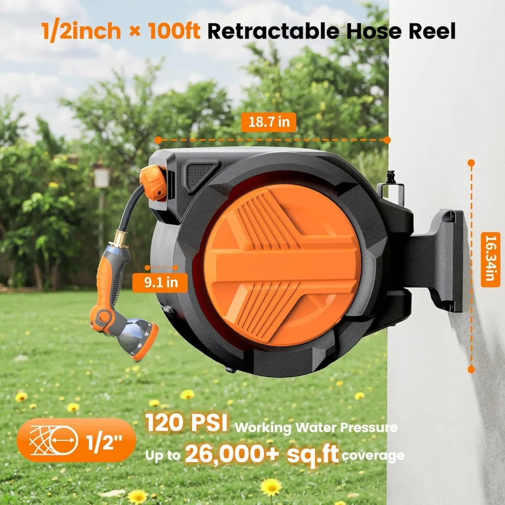 1/2” x 100ft, Retractable Garden Hose Reel