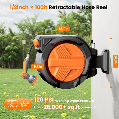 1/2” x 100ft, Retractable Garden Hose Reel
