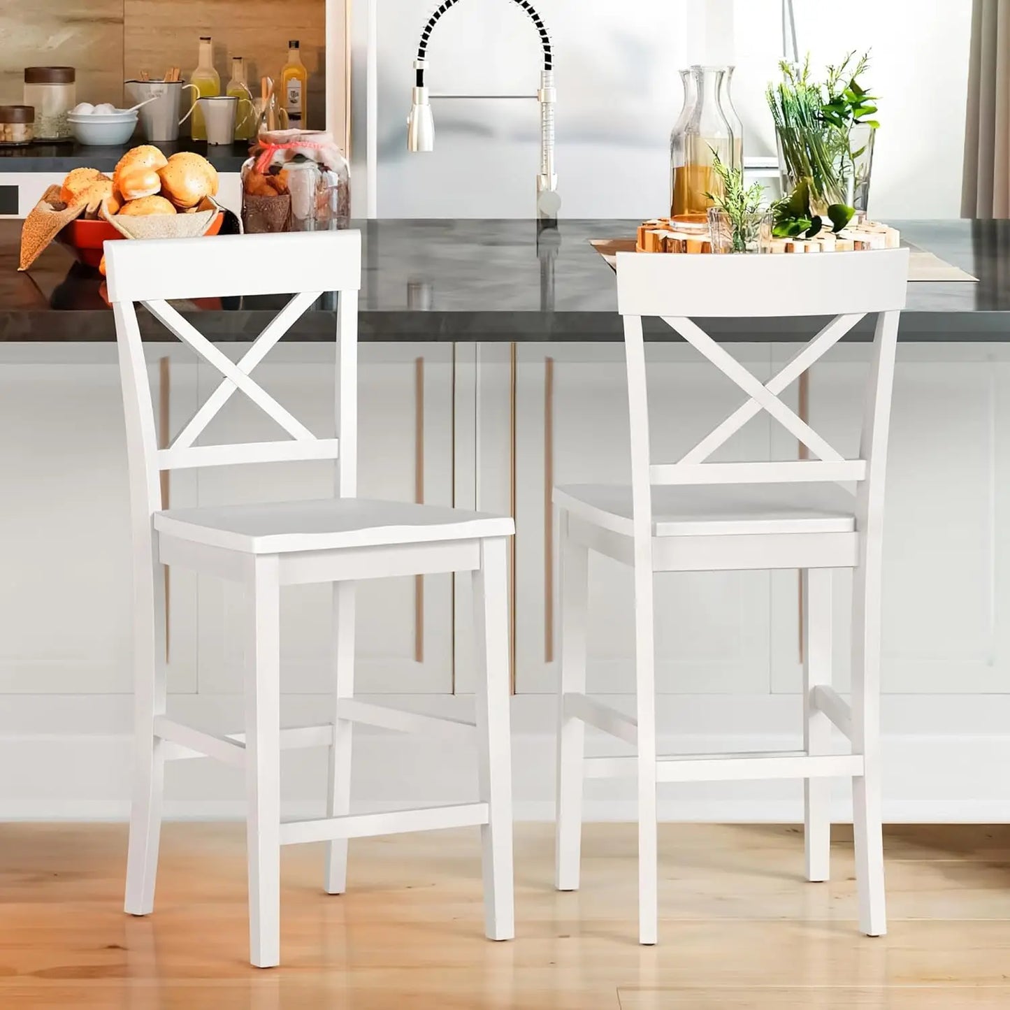 24" H Wooden Stools with Back and Footrest