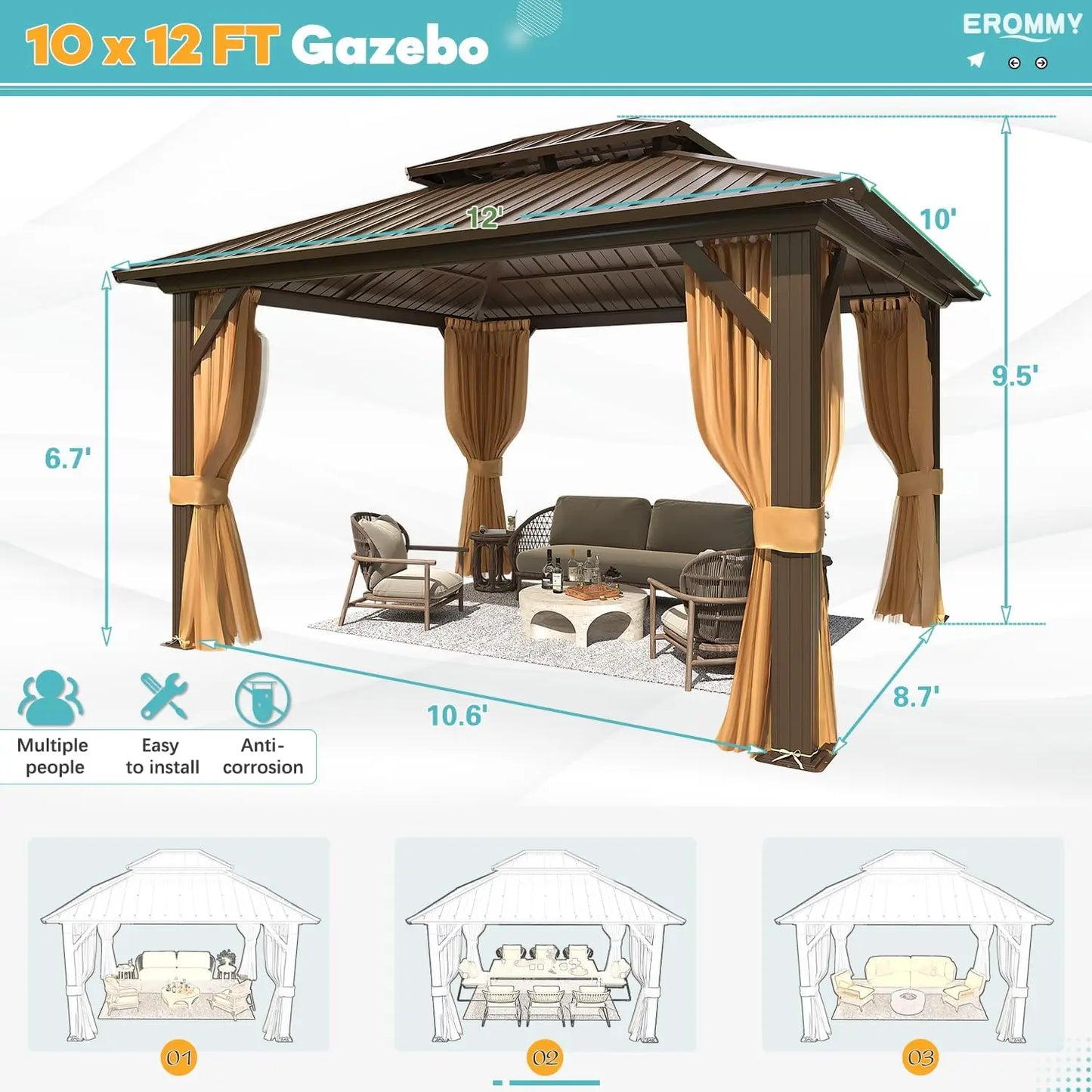 10' x 12' Hardtop Aluminum Frame Gazebos