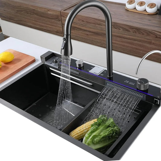 Smart Digital Display Kitchen Sink Embossed Large Single Groove 304 Stainless Steel Nano Black Raindance Waterfall Sink with Pre