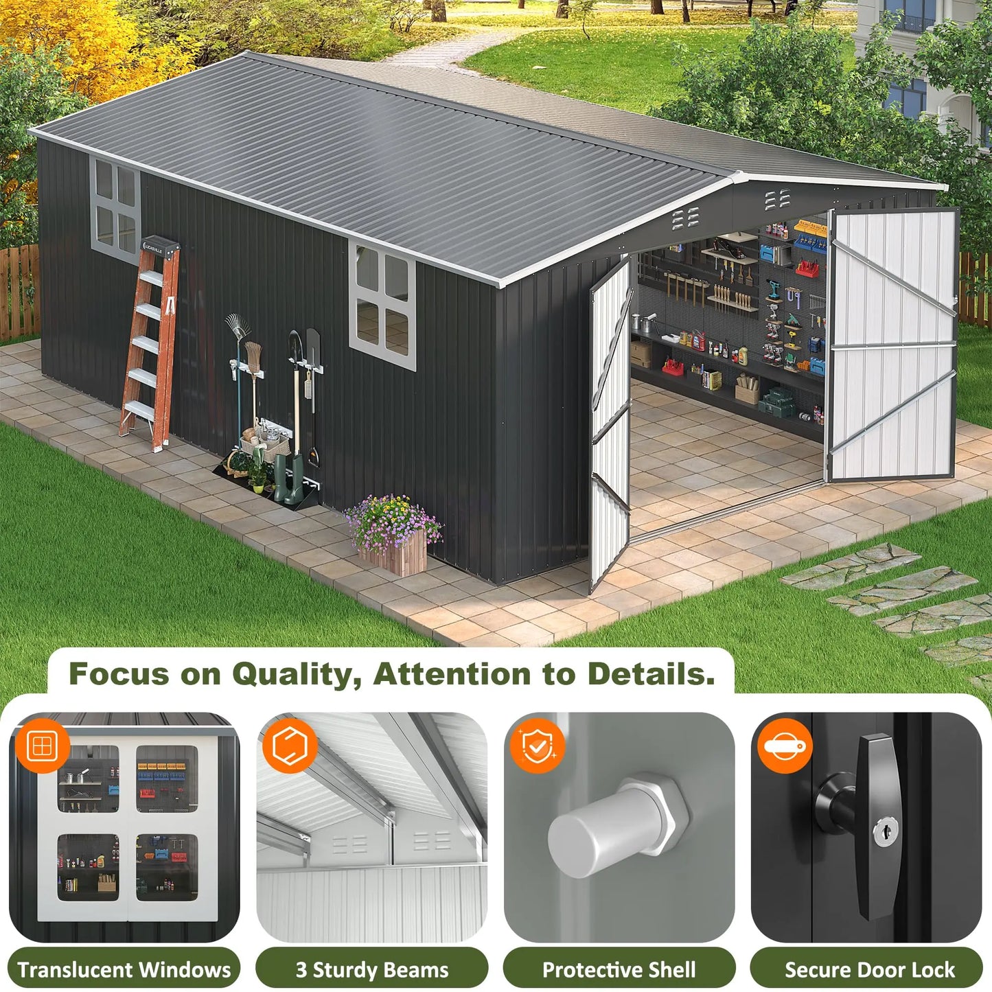 10x10~12x18FT Outdoor Heavy-Duty Frame Shed