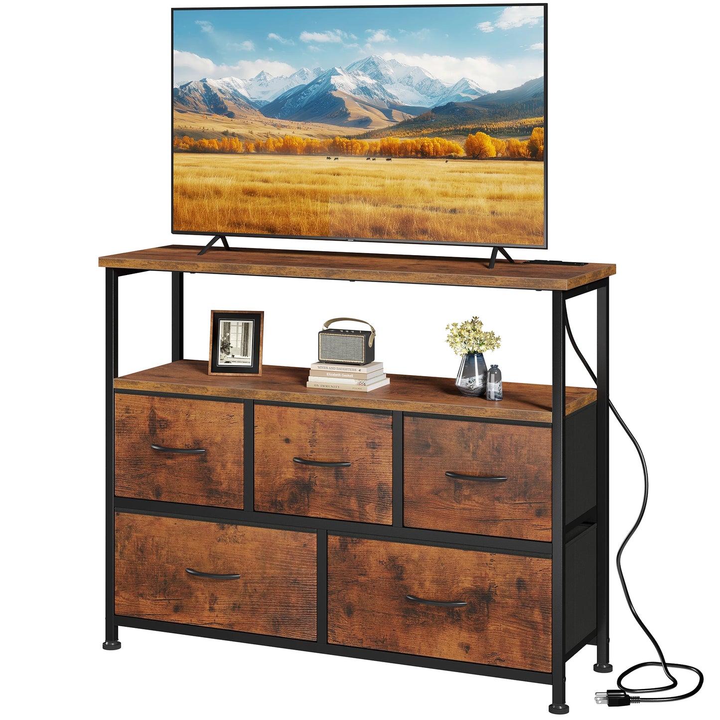 TV Stand with 5 Fabric Dresser with Charging Station
