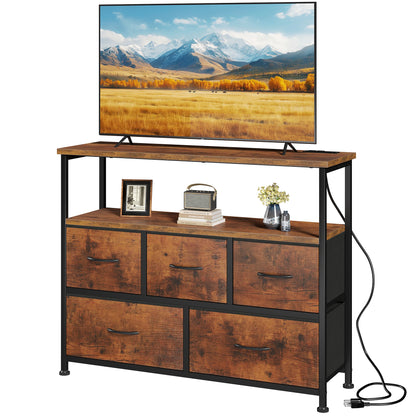 TV Stand with 5 Fabric Dresser with Charging Station