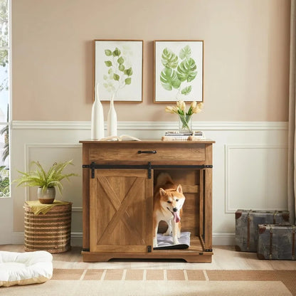 Farmhouse Wooden Dog Kennel Furniture with Sliding Barn Door