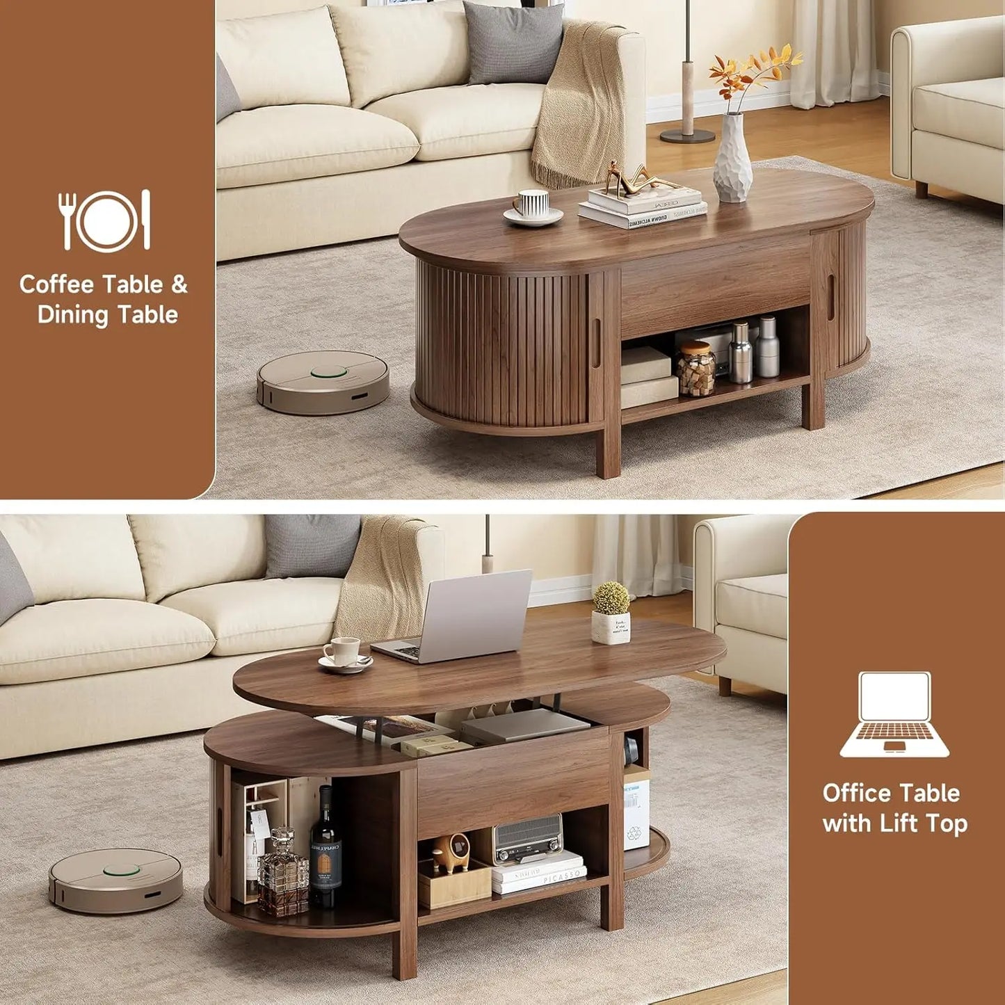 43.3" Oval Lift Top Coffee Table with Sliding Door