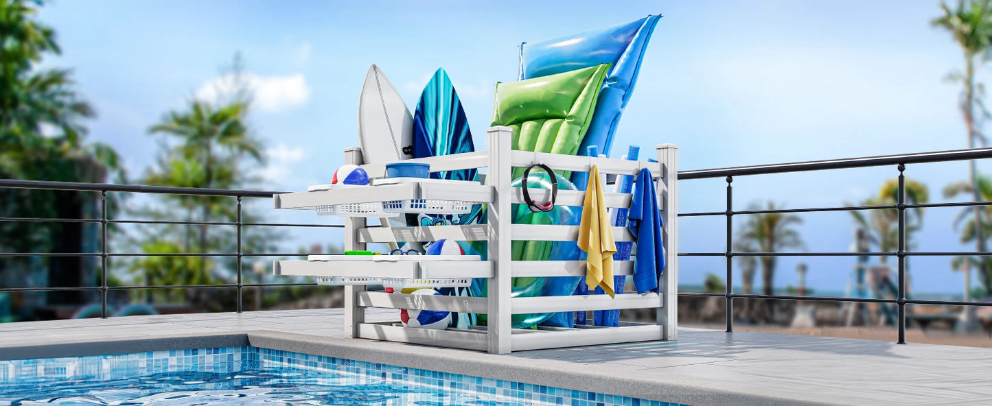 Pool Storage Bins with Towel Rack