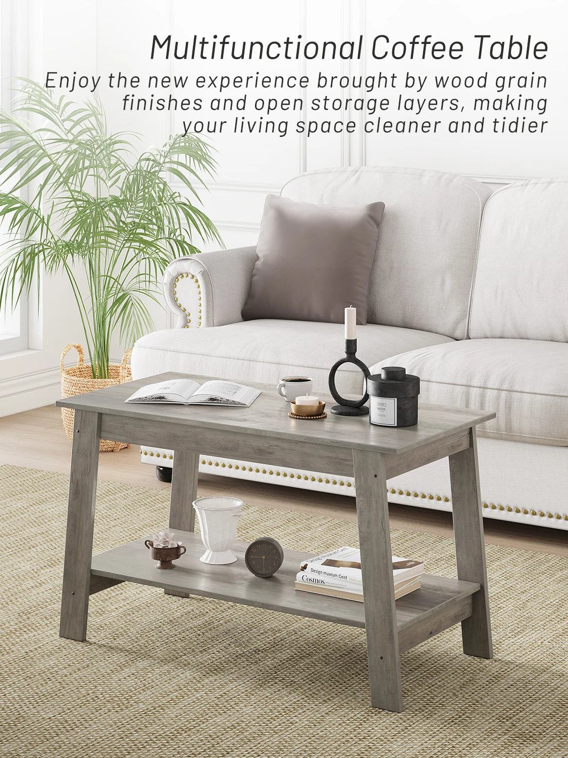 Rustic Farmhouse Wood Coffee Table with Storage Shelf