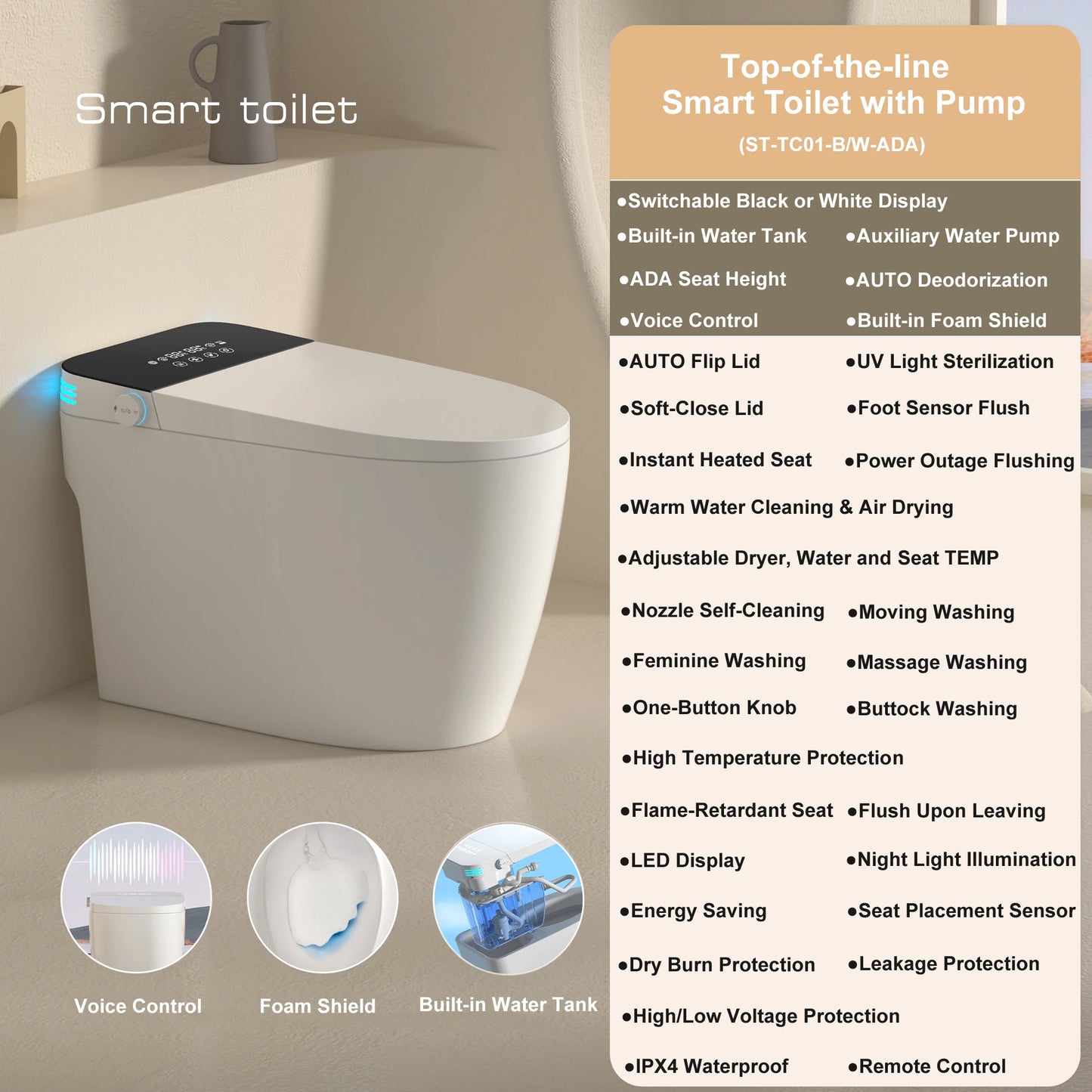 Smart Toilet with Built-in Bidet, AUTO Open/Close