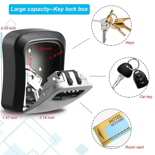 Wall-mounted Key Lock Box Waterproof Aluminum 4 Digit Combination Password Key Organizer Outdoor Key Safe Lock Box