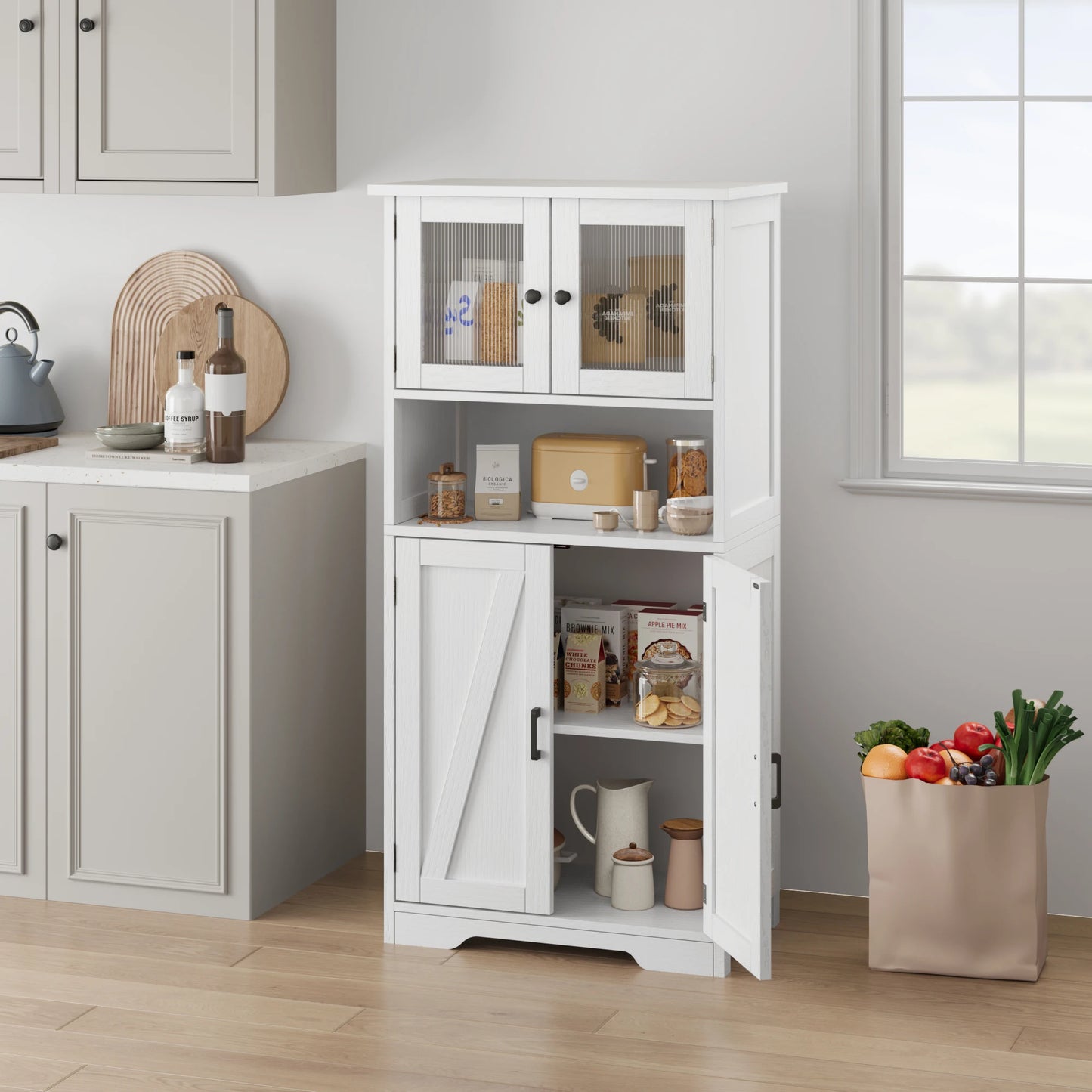 Freestanding Pantry Storage Cabinet with Glass Doors