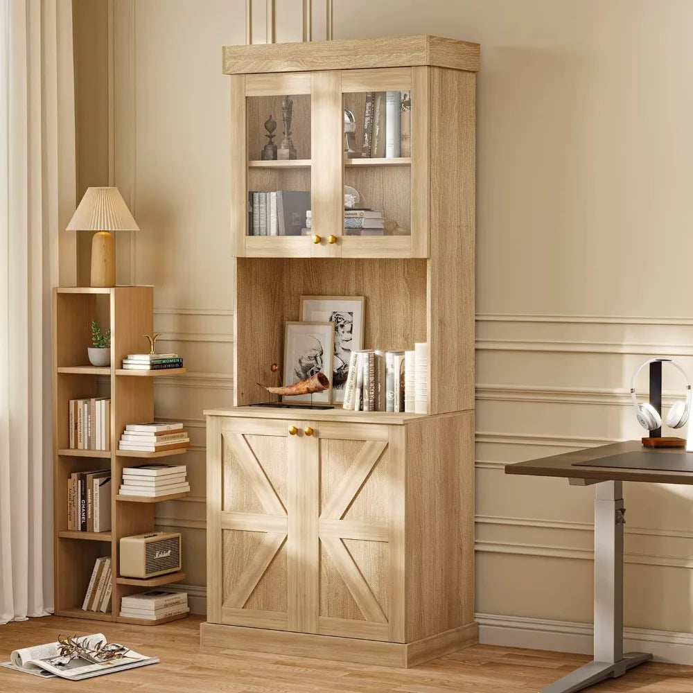 71" Farmhouse Kitchen Pantry Cabinet Set of 3, Brown Freestanding Coffee Bar Hutch with Glass Doors & Adjustable Shelves, Large