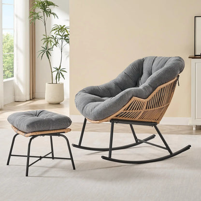 Oversized Wicker Rattan Egg Patio Chair with Ottoman