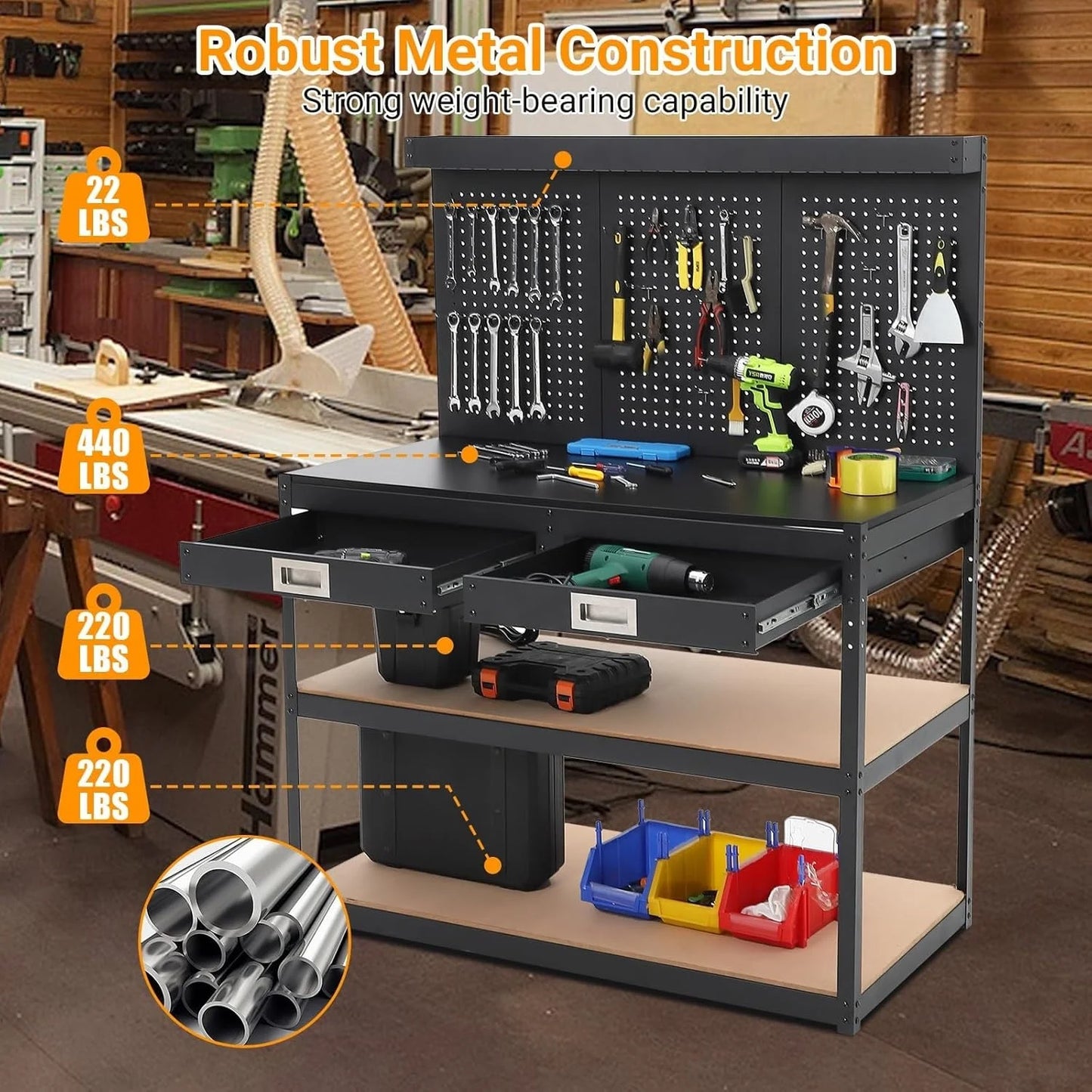 3-Tier Heavy Duty Worktable with 2 Drawers with Hanging Hooks