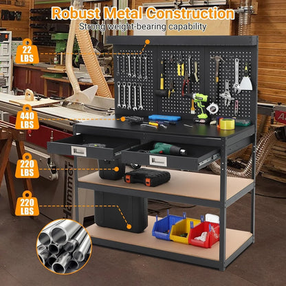 3-Tier Heavy Duty Worktable with 2 Drawers with Hanging Hooks