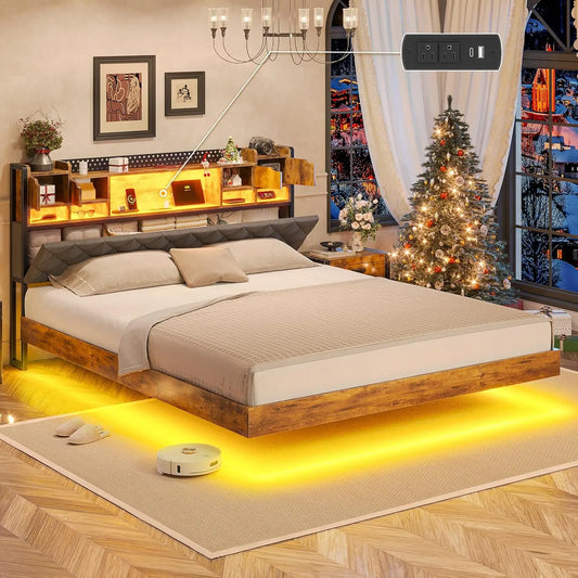 California King Floating Bed Frame with Storage Headboard
