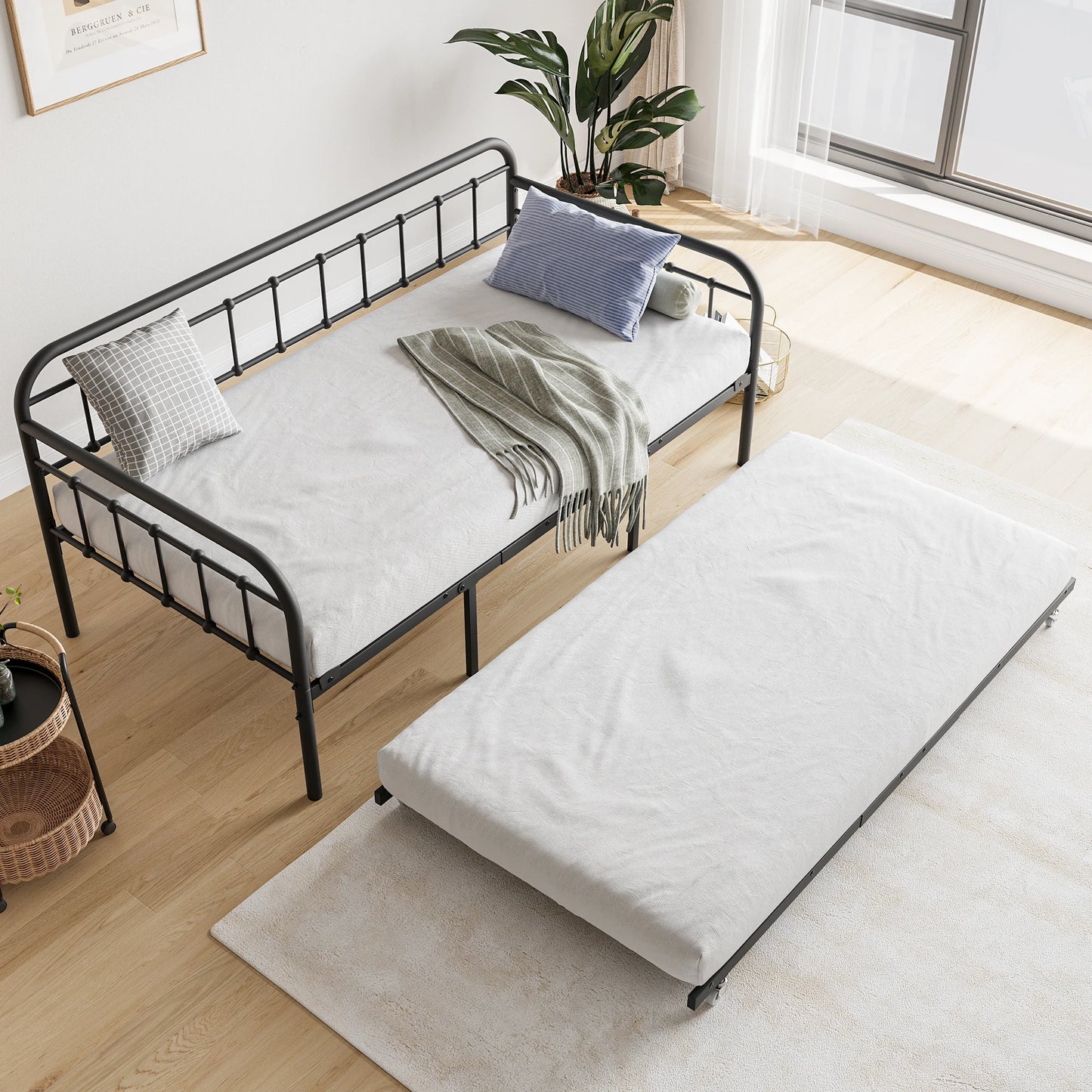 Twin Size Metal Daybed Frame with Trundle, Heavy Duty Steel Slat Support Sofa Bed Platform with Headboard, No Box Spring Needed,