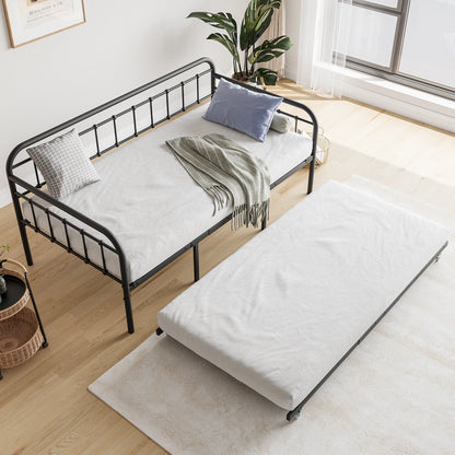 Twin Size Metal Daybed Frame with Trundle, Heavy Duty Steel Slat Support Sofa Bed Platform with Headboard, No Box Spring Needed,