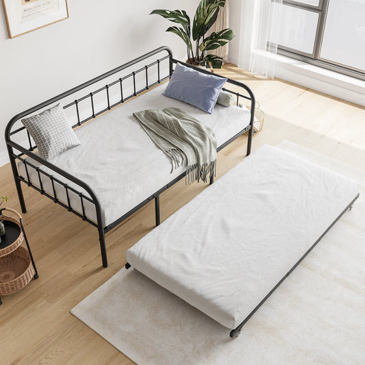 Twin Size Metal Daybed Frame with Trundle, Heavy Duty Steel Slat Support Sofa Bed Platform with Headboard, No Box Spring Needed,