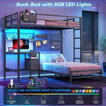 L-Shaped Metal Bunk Bed with Led Lights & Storage Shelves and Drawers