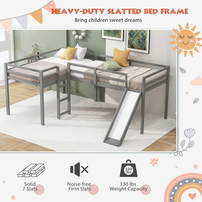 Twin Size Double Loft Bed with Slide and Ladder