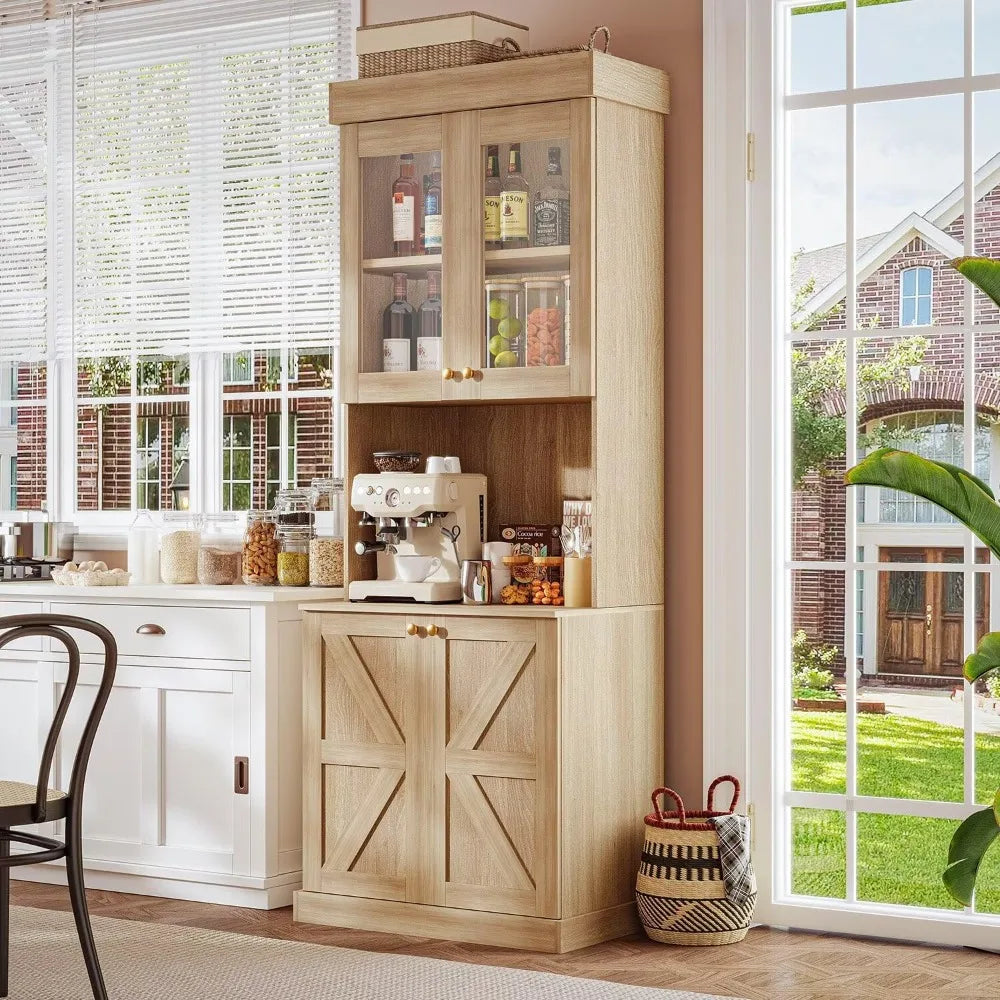 71" Farmhouse Kitchen Pantry Cabinet Set of 3, Brown Freestanding Coffee Bar Hutch with Glass Doors & Adjustable Shelves, Large