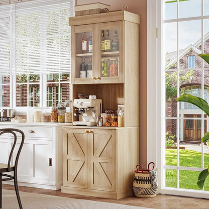 71" Farmhouse Kitchen Pantry Cabinet Set of 3, Brown Freestanding Coffee Bar Hutch with Glass Doors & Adjustable Shelves, Large