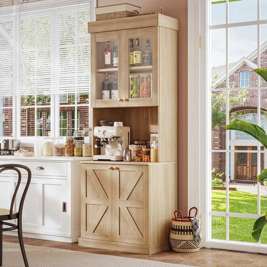 71" Farmhouse Kitchen Pantry Cabinet Set of 3, Brown Freestanding Coffee Bar Hutch with Glass Doors & Adjustable Shelves, Large