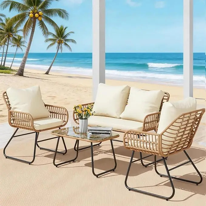 4-Piece Wicker Outdoor Patio Furniture Set with Cushions