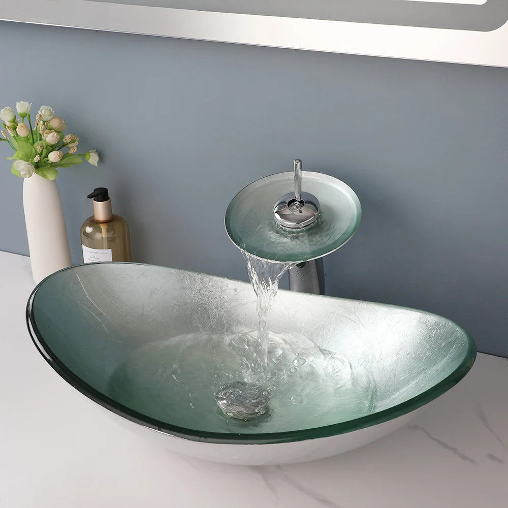 Tempered Glass Washbasin with Waterfall Faucet