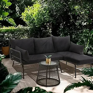 3-Piece Outdoor Patio Furniture Set with Thick Cushions, Glass Coffee Table