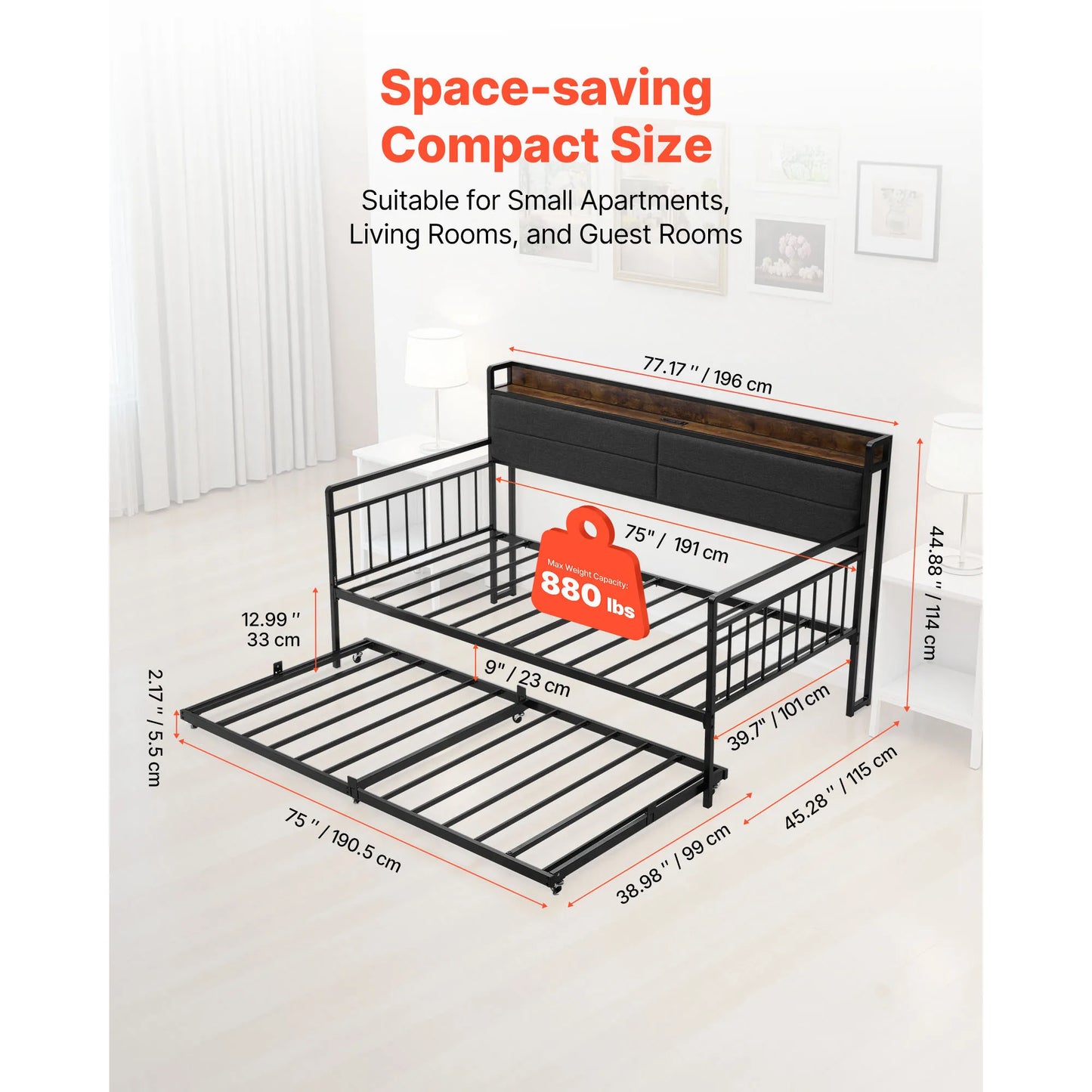 Twin/Full Size Daybed Frame w/ Charging Station